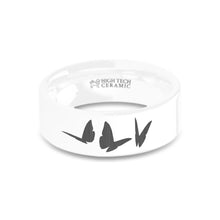 Load image into Gallery viewer, Butterflies Insect Engraved White Ceramic Wedding Ring, Polished
