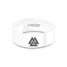 Load image into Gallery viewer, Viking Valknut Triquetra Triangles Engraved White Ceramic Ring