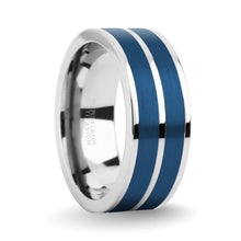 Load image into Gallery viewer, Brushed Blue Tungsten Carbide Inlay Silver Titanium Wedding Ring