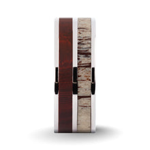 Load image into Gallery viewer, Dark Red Sandalwood, Deer Antler Inlay Silver Titanium Wedding Ring