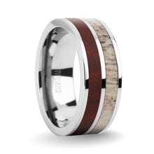 Load image into Gallery viewer, Dark Red Sandalwood, Deer Antler Inlay Silver Titanium Wedding Ring