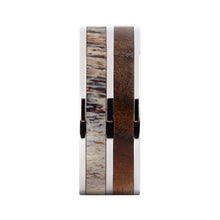 Load image into Gallery viewer, Walnut Wood and Natural Antler Twin Inlay Titanium Wedding Band