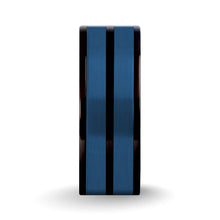 Load image into Gallery viewer, Brushed Blue Tungsten Carbide Inlay Black Titanium Wedding Ring