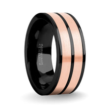 Load image into Gallery viewer, Brushed Rose Gold Tungsten Carbide Inlay Black Titanium Wedding Ring