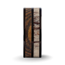 Load image into Gallery viewer, Exotic Bocote Wood, Deer Antler Inlay Black Titanium Wedding Ring