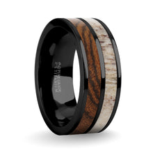 Load image into Gallery viewer, Exotic Bocote Wood, Deer Antler Inlay Black Titanium Wedding Ring