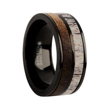 Load image into Gallery viewer, Koa Wood, Real Deer Antler Inlay Black Titanium Wedding Band