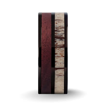 Load image into Gallery viewer, Purpleheart Wood, Deer Antler Inlay Black Titanium Wedding Ring