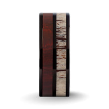 Load image into Gallery viewer, Dark Red Sandalwood, Deer Antler Inlay Black Titanium Wedding Ring