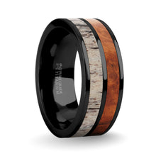 Load image into Gallery viewer, Rosewood Burl, Deer Antler Inlay Black Titanium Wedding Ring