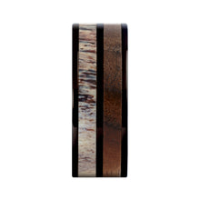 Load image into Gallery viewer, Black Walnut Wood, Real Deer Antler Black Titanium Wedding Band
