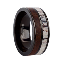 Load image into Gallery viewer, Black Walnut Wood, Real Deer Antler Black Titanium Wedding Band