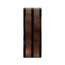 Load image into Gallery viewer, Exotic Dark Walnut Wood Twin Inlay Black Titanium Wedding Band