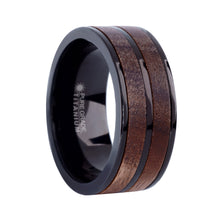 Load image into Gallery viewer, Exotic Dark Walnut Wood Twin Inlay Black Titanium Wedding Band