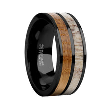 Load image into Gallery viewer, Whiskey Barrel Wood, Real Deer Antler Black Titanium Wedding Ring