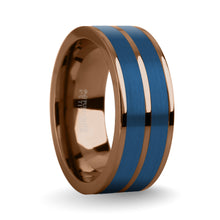 Load image into Gallery viewer, Brushed Blue Tungsten Carbide Inlay Brown Titanium Wedding Ring