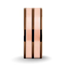 Load image into Gallery viewer, Brushed Rose Gold Tungsten Carbide Inlay Brown Titanium Wedding Ring