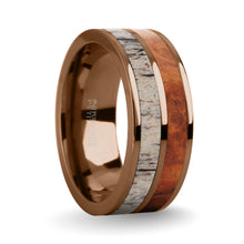 Load image into Gallery viewer, Rosewood Burl, Deer Antler Inlay Brown Titanium Wedding Ring