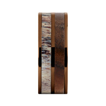 Load image into Gallery viewer, Walnut Wood, Deer Antler Twin Inlay Brown Titanium Wedding Ring