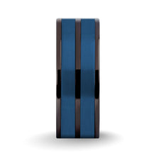 Load image into Gallery viewer, Brushed Blue Tungsten Carbide Inlay Gunmetal Titanium Wedding Ring