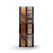 Load image into Gallery viewer, Olive Wood, Real Antler Inlay Gunmetal Gray Titanium Wedding Ring
