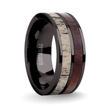 Load image into Gallery viewer, Walnut Wood, Deer Antler Inlay Gunmetal Titanium Wedding Band