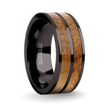 Load image into Gallery viewer, Whiskey Barrel Oak Wood Inlay Gunmetal Gray Titanium Wedding Band