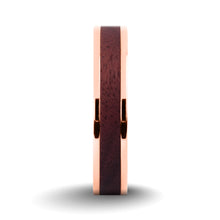 Load image into Gallery viewer, Deep Purpleheart Wood Inlay Rose Gold Titanium Wedding Ring