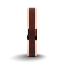 Load image into Gallery viewer, Dark Red Sandalwood Wood Inlay Rose Gold Titanium Wedding Ring
