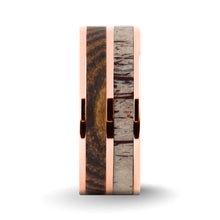 Load image into Gallery viewer, Exotic Bocote Wood Antler Inlay Rose Gold Titanium Wedding Ring