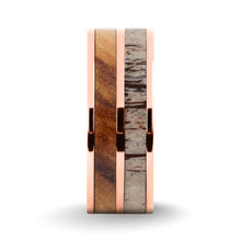 Load image into Gallery viewer, Olive Wood, Real Antler Inlay Rose Gold Titanium Wedding Ring
