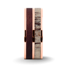 Load image into Gallery viewer, Purpleheart Wood, Antler Inlay Rose Gold Titanium Wedding Ring