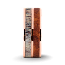 Load image into Gallery viewer, Rosewood Burl, Deer Antler Inlay Rose Gold Titanium Wedding Ring
