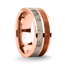 Load image into Gallery viewer, Rosewood Burl, Deer Antler Inlay Rose Gold Titanium Wedding Ring