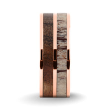 Load image into Gallery viewer, Walnut Wood, Deer Antler Inlay Rose Gold Titanium Wedding Band