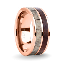 Load image into Gallery viewer, Walnut Wood, Deer Antler Inlay Rose Gold Titanium Wedding Band