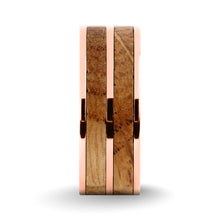 Load image into Gallery viewer, Whiskey Barrel Wood Twin Inlay Rose Gold Titanium Wedding Band