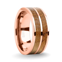 Load image into Gallery viewer, Whiskey Barrel Wood Twin Inlay Rose Gold Titanium Wedding Band