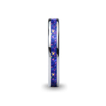 Load image into Gallery viewer, Deep Midnight Blue Opal Inlay Pink Flake Tungsten Wedding Ring
