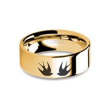 Load image into Gallery viewer, Swallows Engraved Yellow Gold Tungsten Wedding Band, Polished