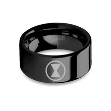 Load image into Gallery viewer, Black Widow Spider Hourglass Logo Engraved Black Tungsten Ring