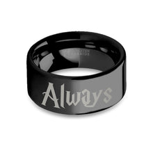 Load image into Gallery viewer, Wizard Font "Always" Laser Engraved Black Tungsten Wedding Band