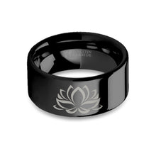 Load image into Gallery viewer, Lotus Flower Zen Engraved Black Tungsten Wedding Ring, Polished