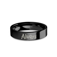 Load image into Gallery viewer, Wizard Font "Always" Laser Engraved Black Tungsten Wedding Band