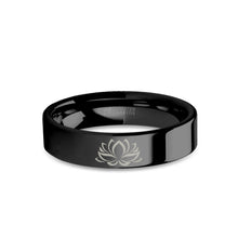 Load image into Gallery viewer, Lotus Flower Zen Engraved Black Tungsten Wedding Ring, Polished