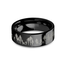 Load image into Gallery viewer, Outdoors Forest Tree Line Landscape Engraved Black Tungsten Ring