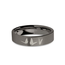 Load image into Gallery viewer, Butterflies Insects Engraved Gunmetal Gray Tungsten Ring, Brushed