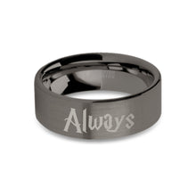 Load image into Gallery viewer, Wizard Font "Always" Engraved Gunmetal Tungsten Ring, Brushed