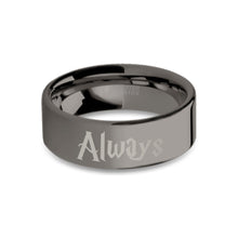 Load image into Gallery viewer, Wizard Font "Always" Laser Engraved Gunmetal Gray Tungsten Ring