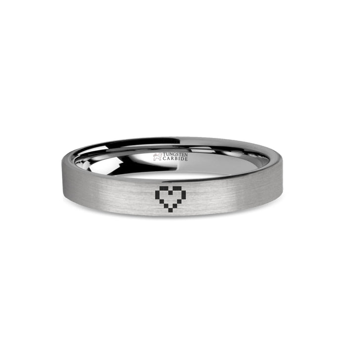 Retro Wedding Ring 8-Bit Pixelated Heart in Brushed Silver Tungsten